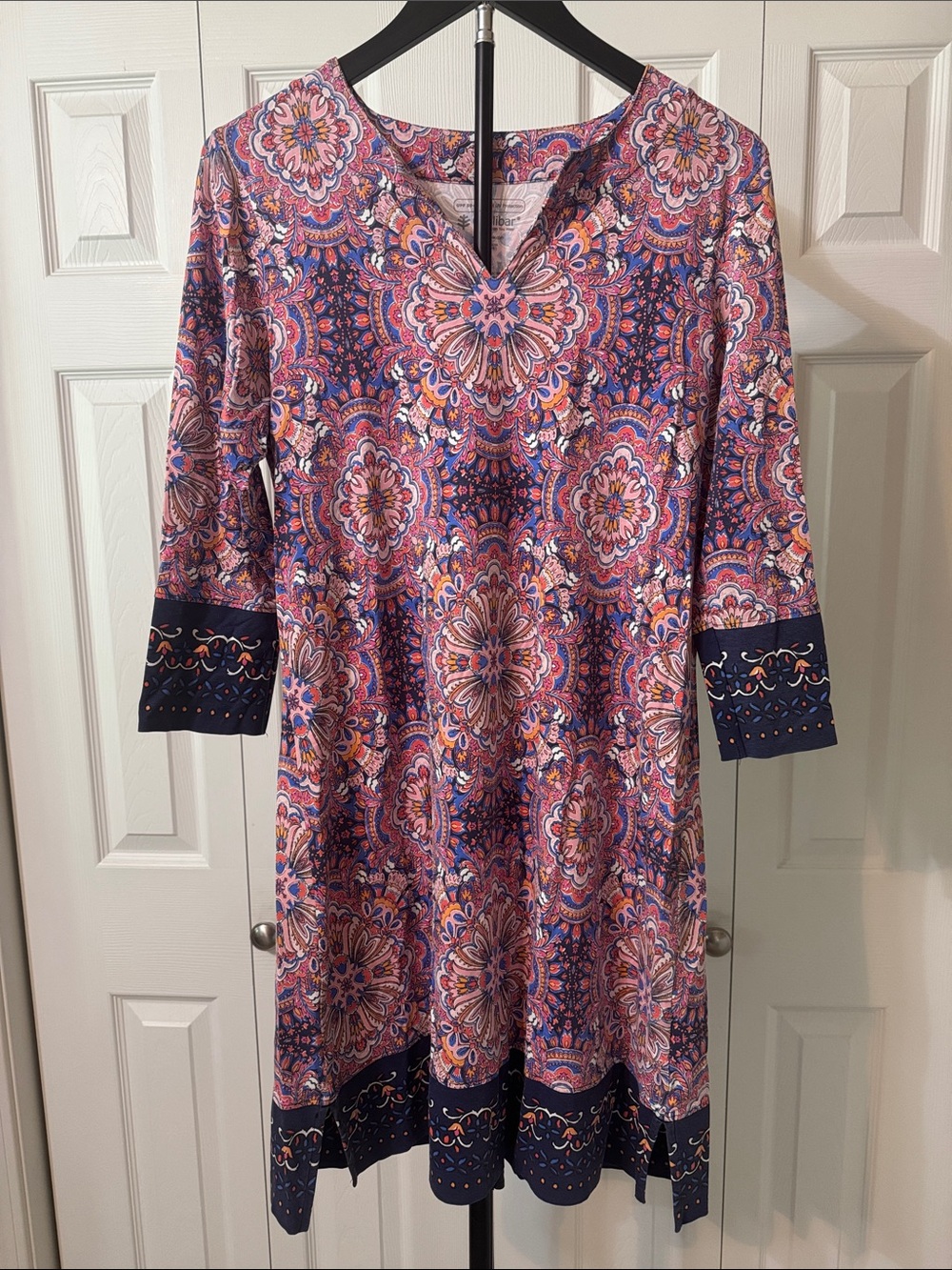 Coolibar Pink and Navy Medallion-Print Knee Length Dress.